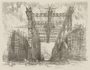 Engels Oorlogswerk: De Kraanbaan (Een Koopvaardijwerf) door Joseph Pennell
