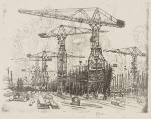 Engels Oorlogswerk: De Oude Scheepswerf door Joseph Pennell