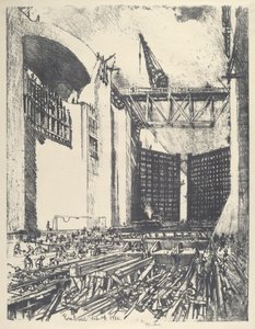 Het leggen van de vloer van Pedro Muguel Lock, 1912 door Joseph Pennell