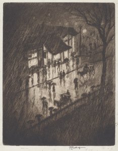 Regenachtige Nacht, Charing Cross Winkels door Joseph Pennell