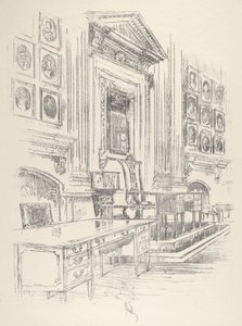 Tafel en stoel, ondertekenaarskamer, Independence Hall door Joseph Pennell