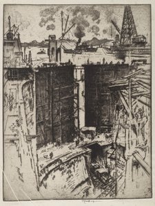 De sluispoort, Gatun Lock, Panama, 1912 door Joseph Pennell