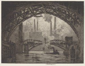 Onder de bruggen, Chicago door Joseph Pennell