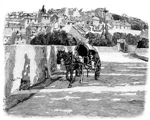 Dorp in het zuiden van Frankrijk met paard en wagen. Gravure door Joseph Pennell 1888 (detail) door Joseph Pennell