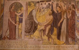 De Verloren Zoon. Fresco in de kathedraal van Nanterre door Joseph Radan