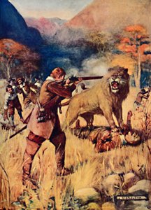 Een grote leeuw sprong op een van de mannen door Joseph Ratcliffe Skelton
