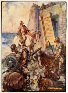 Macbeth wordt de toegang geweigerd door Lady Macduff terwijl haar man ontsnapt over zee door Joseph Ratcliffe Skelton