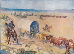 De ossenwagens kronkelen langzaam over de golvende vlaktes door Joseph Ratcliffe Skelton