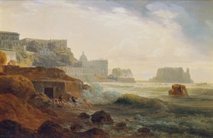 Kust bij Napels met kasteel en vissers die netten binnenhalen