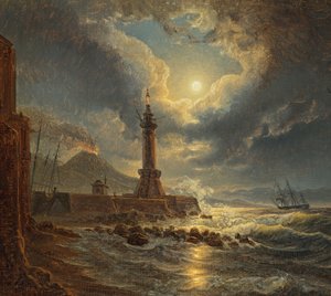 Vuurtoren in de haven van Napels bij maanlicht door Joseph Rebell