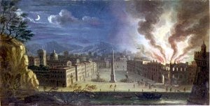 Een piazza in een Italiaanse havenstad met een brandend gebouw 