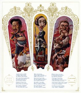 Karikaturen: Meiji Keizer van Japan; Maurice Barres, Franse schrijver en nationalist politicus; Jean Jaures, Franse politicus