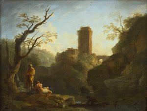 Frans: Een landschap met een boom en twee mannen, een toren op de achtergrond