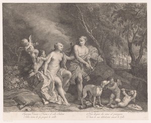 Venus en Adonis als geliefden met vier putti