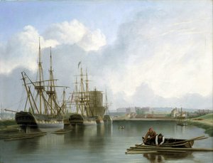 Beschrijving van de dokken in Bristol (Engeland), met Indiamanschepen die handelen en Amerikaans hout vervoeren, en ladingen hout die op het water drijven met twee mannen in een boot die ze verzamelen met haak en gaffel door Joseph Walter