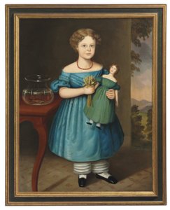 Portret van Amy Philpot in een blauwe jurk met pop en goudvis door Joseph Whiting Stock