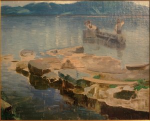 Rotsachtige landtong in de Eibsee met vissers door Joseph Wopfner