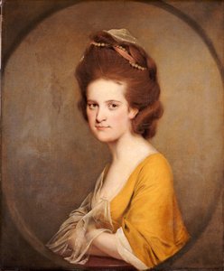 Portret van Dorothy Hodges, halve lengte, in een gele jurk