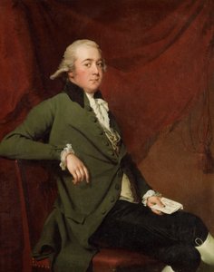 Portret van Edward Abney, zittend driekwart lengte, in een groene jas, een brief vasthoudend tegen een rode gordijn, laat 1780s