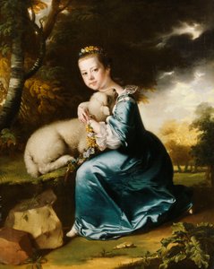 Portret van Juffrouw Frances Warren, knielend op volledige lengte in een bebost park, in een blauwe jurk en een lam vasthoudend