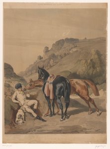 Twee paarden met rustende ruiter in een landschap door Joseph Zephyris Gengembre