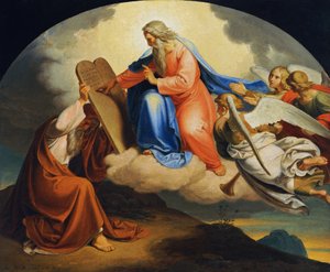 God schrijft Mozes de tien geboden op twee stenen tafelen op de berg Sinaï door Joseph von Fuhrich