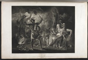 Macbeth. Act IV. Scene I. Een donkere grot. In het midden een kokende ketel. Drie heksen. Macbeth. Hecate. Macbeth staat tegenover de heksen en de verschijningen; aan zijn voeten, binnen een opgerolde slang, staan een klein bloederig kind en een kind met e