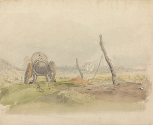 Landschap met waterwagen en waslijn