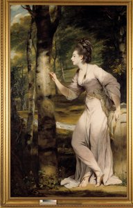 Een vrouw van grote elegantie geeft een naam op een boomstam in een romantische sfeer. Schilderij door Joshua Reynolds (1723-1792). 18e eeuw. Privécollectie door Joshua Reynolds