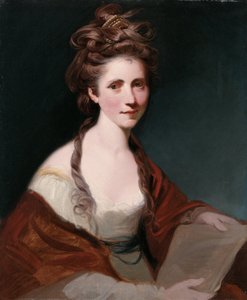 Portret van Angelica Kauffmann, halflang in het wit met een rode sjaal door Joshua Reynolds