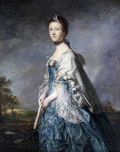 Portret van Anne, Gravin Winterton, Staand Driekwart Lengte, Draag een Blauwe Jurk en Kant Afgewerkte Sjaal, Houd een Waaier, in een Landschap