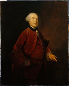 Portret van George Ashby, staand, driekwart lengte, met een jas en vest