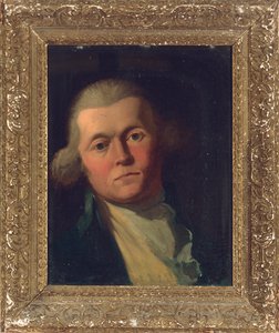 Portret van een heer, borstbeeld, in een blauwe jas en gele vest door Joshua Reynolds