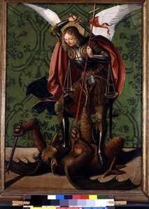 Keerzijde van een altaarstuk: Sint-Michiel verslaat de demon (schilderij door Josse Lieferinxe, actief tussen 1493-1508)