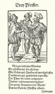 Drie blaasinstrumentmuzikanten (gravure)