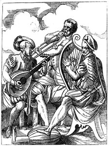 Een gitarist, een luitspeler en een trombonist, 16e eeuw 1849 door Jost Amman