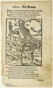 Der Kramer (De Marskramer) uit De omnibus illiberalibus sive mechanicis artibus door Hartmann Schopper, plaat 50 uit Houtsneden uit Boeken van de XVI Eeuw door Jost Amman