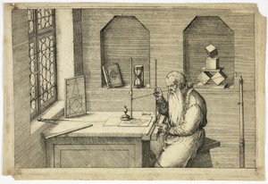 Portret van Wenzel Jamnitzer in zijn studeerkamer door Jost Amman