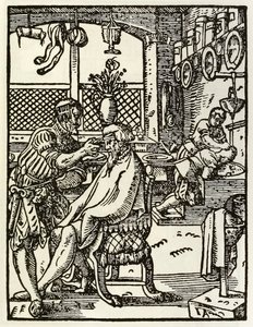 De Kappers uit een serie die beroepen en ambachten afbeeldt, voor het eerst gepubliceerd in Das Ständebuch 1568 in Frankfurt, Duitsland door Jost Amman
