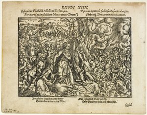De Doortocht door de Rode Zee (recto) en De Begrafenis van Jacob (verso) uit Neuwe Biblische Figuren, plaat 48 uit Houtsneden uit Boeken van de XVI Eeuw