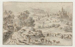 Bergachtig landschap met een stad op een heuvel