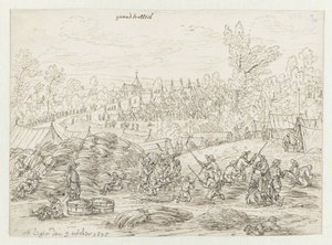 Gezicht op een kampement van het leger van Willem III bij Grand-Hallet, Luik door Josua de Grave