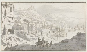 Gezicht op een denkbeeldige Italiaanse haven door Josua de Grave