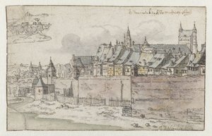 Gezicht op de muren van Maastricht met de Onze-Lieve-Vrouwekerk op de achtergrond door Josua de Grave