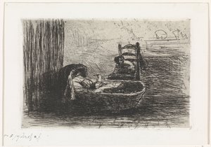 Kind in wieg door Jozef Israëls (signed by artist)