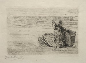 Meisje met mand zittend aan de kust door Jozef Israëls