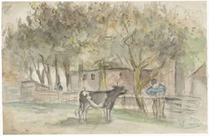 Landschap met een koe en een boer