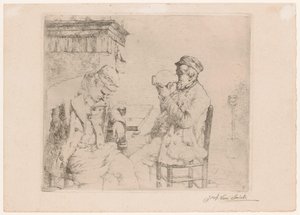 Twee drinkende mannen aan tafel bij een schouw door Jozef van Snick
