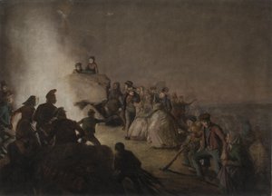 Sint Jansavond. Boeren die een vuur hebben aangestoken op een grafheuvel, dansen rond het vuur door Jørgen V. Sonne