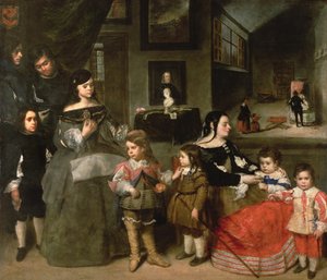 De Familie van de Kunstenaar, links de vier kinderen uit het eerste huwelijk van de kunstenaar met de dochter van Diego Velasquez, Gaspar, Melchior, Baltasar en Maria Teresa; rechts zijn tweede vrouw Francisc